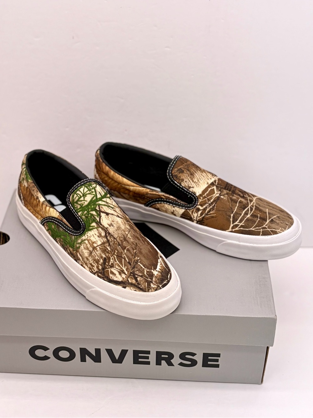 Converse Men’s Unisex Slip-On Sneakers in Brown and Green Camo